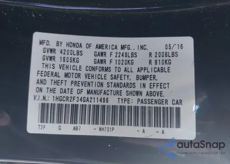 2016 Honda Accord Lx z USA, uszkodzony, nr VIN 1HGCR2F34GA211496